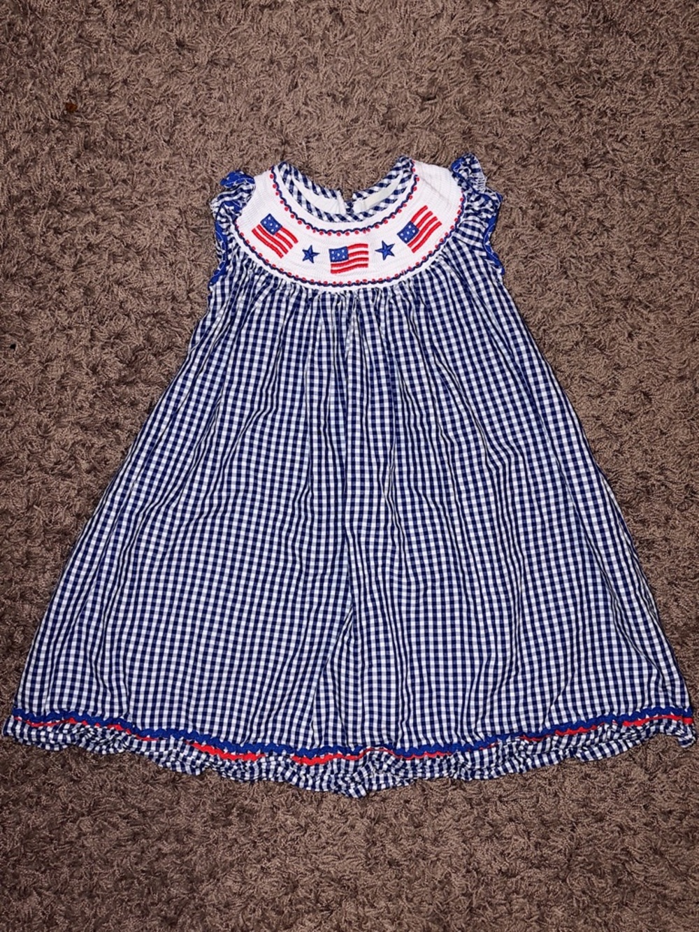 LIL CACTUS Girls Navy Gingham Smocked Dress with USA Flag Detail